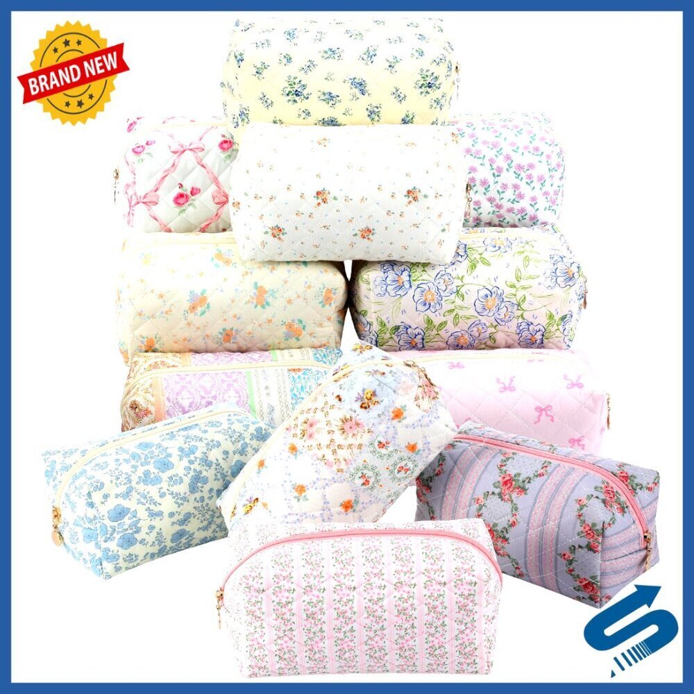 Quilted Makeup Bag Set 12 Pack Floral Theme Travel Organizer Cosmetic Pouch